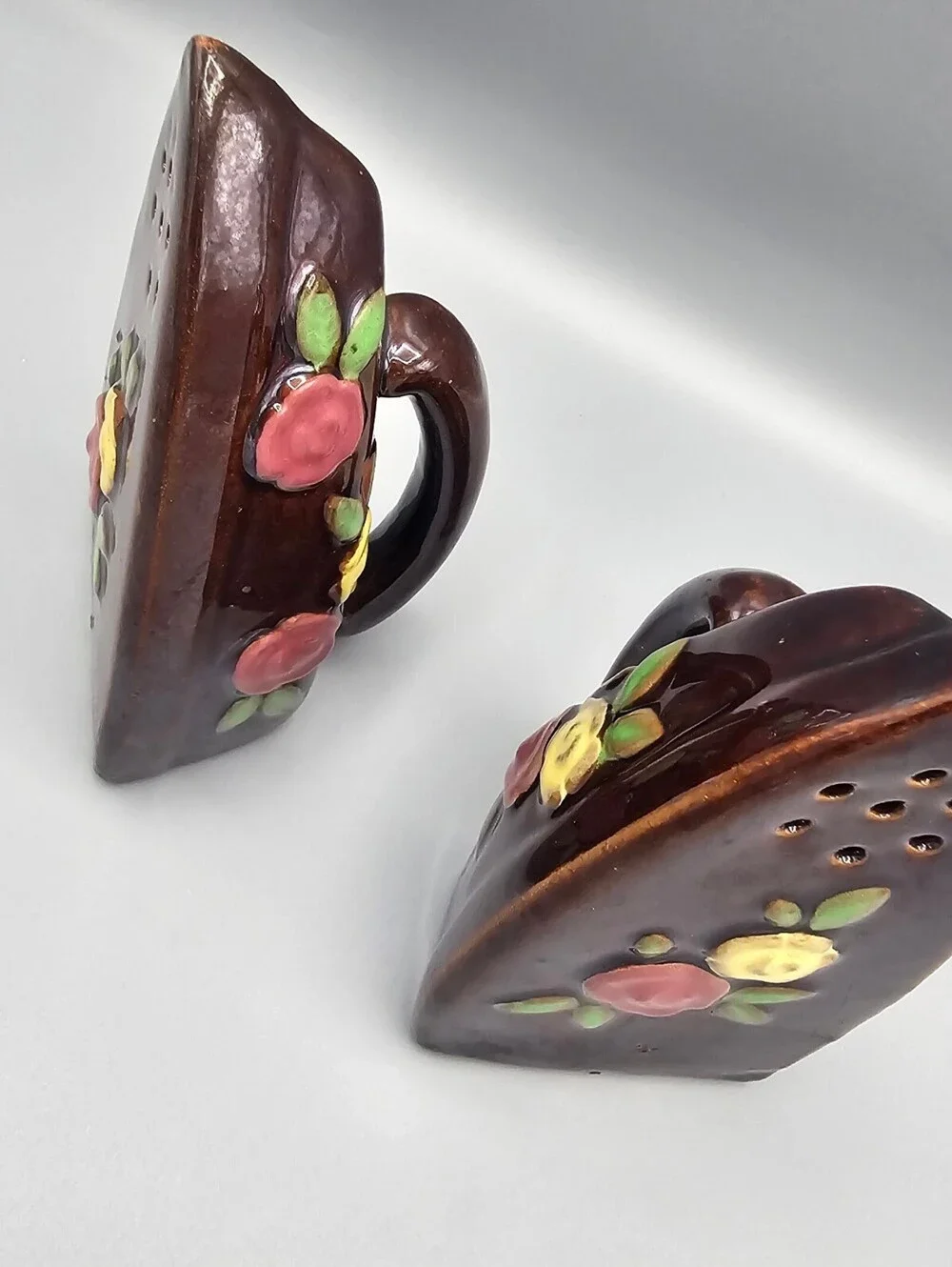 Vintage Ceramic Iron-Shaped Salt and Pepper Shakers with Floral Design